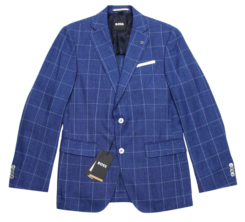 Hugo Boss Hutson Sport Coat 36 R Mens Slim Fit Blue Windowpane Linen Wool Blazer